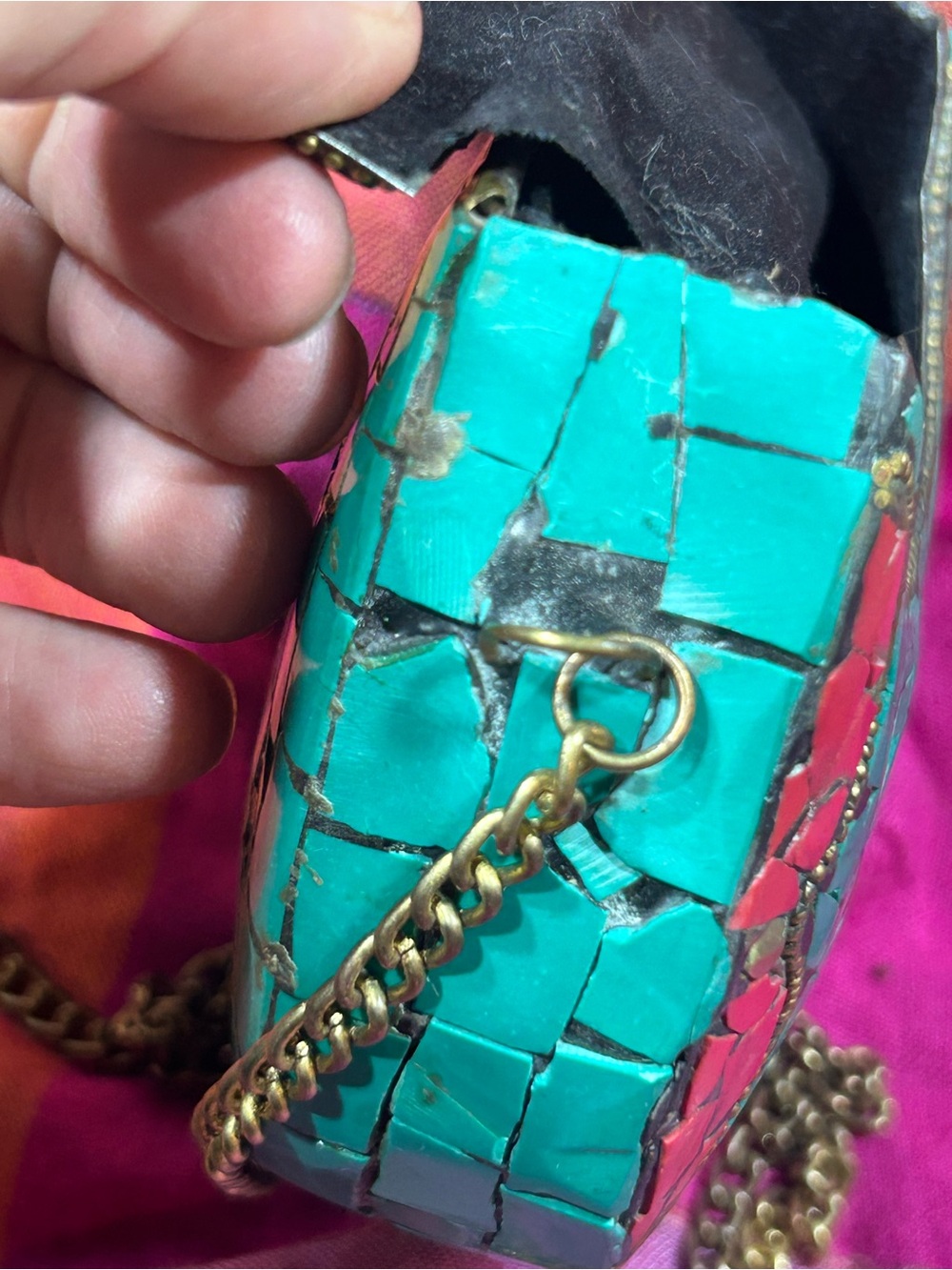 Vintage Turquoise & Red Mosaic Crossbody Tibetan Bag - Picture 11 of 12
